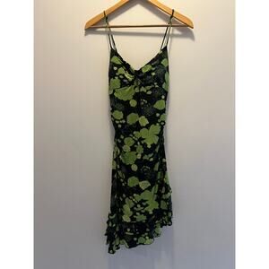 Venus Flamenco Style Summer Dress Asymmetrical Hem Green Black Floral Medium JL